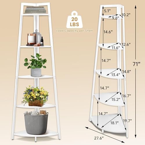 71 inch Tall Corner Shelf, 5 Tier Corner Bookshelf, White