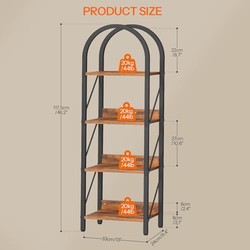 HOOBRO Bookshelf, 4-Tier Arched Bookshelf, Industrial Bookcase with Metal Frame, Small Book Shelf Storage Organizer for 