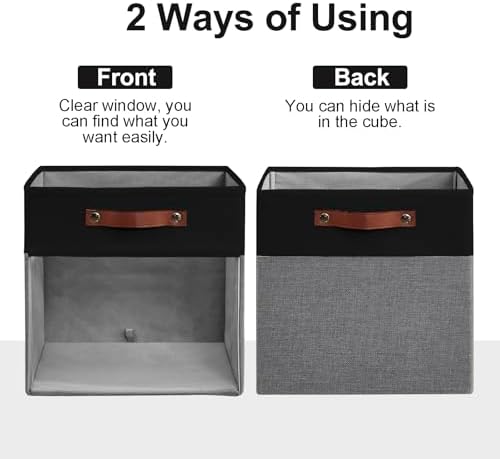 Bagnizer Storage Cubes, 4 Pack Linen Foldable Storage Bins (13 x 13 inch) with Clear Window and Handles, Fabric Organizer for Shelf Closet, Clothes, Books - (Gray and Black)