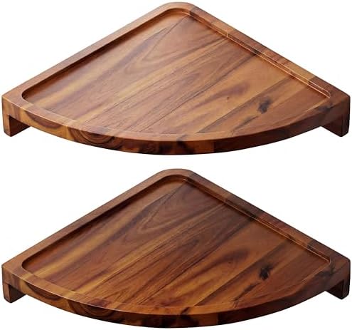 Demigo Round Floating Corner Shelves, Natural Acacia Wall Shelf, Set of 2