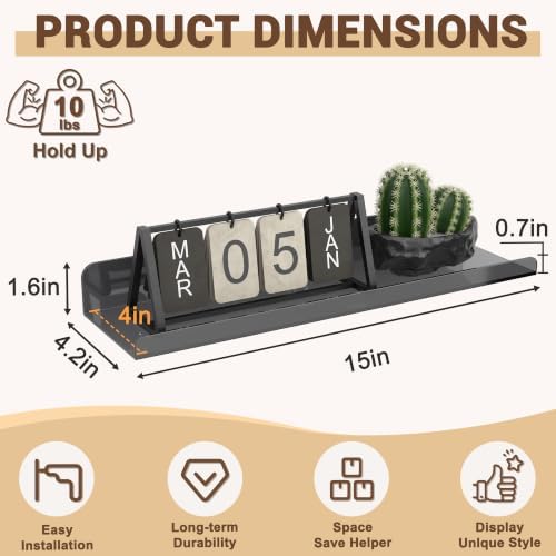 Qukaka 15" Floating Shelves for Wall, 3 Pack Clear Black Display Ledges