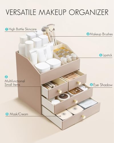 VLANDO Makeup Brush Holder with 4 Drawers,Toffee