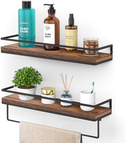 Meangood Floating Shelves Wall Mounted Set of 2, Towel Bar Rustic Wood Wall Storage Shelves for Bedroom,Living Room,Bath