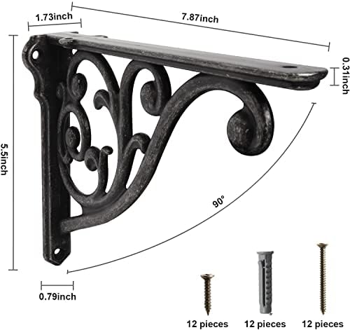 Cast Iron Gray Shelf Brackets 7.87x5.6x1.7 Inch 4 Pack Heavy Duty Antique Black Brackets for Shelves Baroque Kitchen Dec