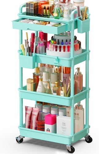 SUNALLY Makeup Cart Organizer with Drawer, 4 Tier Rolling Makeup Cart, Blue