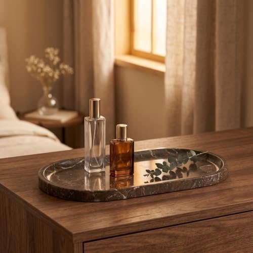 YKAJO Dark Emperador Oval Marble Tray, 11.8x5.9 Vanity Perfume Organizer
