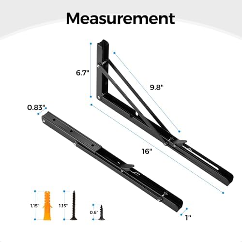 Matte Black Folding Shelf Brackets, 16 Inch, 2 Pack