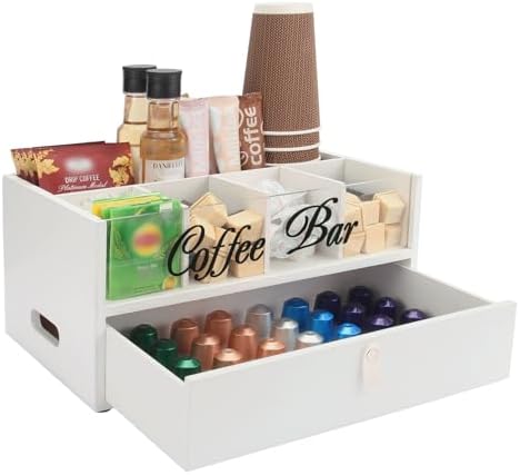 2-Tier Coffee Bar Organizer with Clear Acrylic Top, Built-in Drawer and Leather Handle Pull for Countertop, Stylish Coff