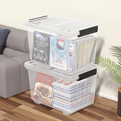 4-Pack 50 Qt Lidded Storage box, Large Clear Plastic Bin with Wheels