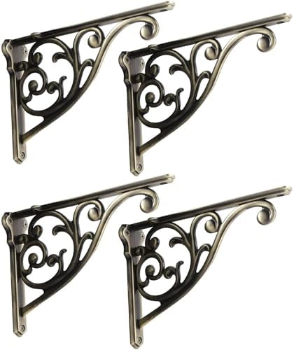 Shelf Brackets 4 Inch 4 Pack Heavy Duty Brushed Antique Brass Wall Bracket Victorian Kitchen Decorative Rack Shelves, Sh