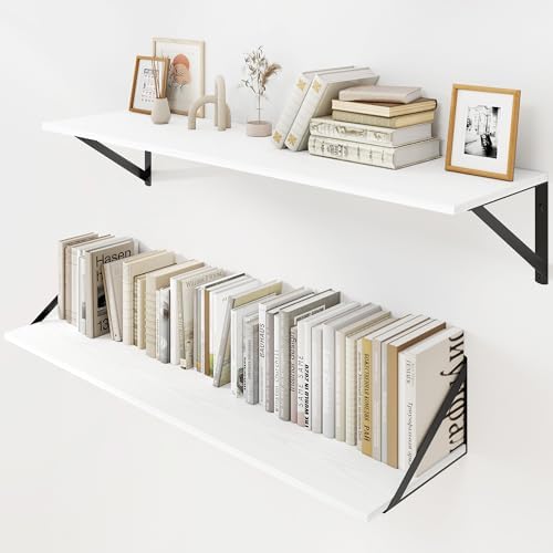 Heimlove White Deep Floating Shelves for Wall, 36W x 8D Wood Wall Shelves Set of 2, Wide Floating Bookshelf for Living R