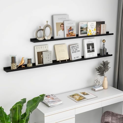 FLYJOE Picture Ledge Shelf for Wall, 24 inch Solid Ash Wood Nursery Book Shelves 2 Packs, Floating Shelves for Kids' Room Bedroom Bathroom Living Room Photo Frames Office Nursey Wall Decor, Black