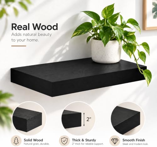 WELLAND 16 inch Black Mission Floating Shelves for Wall, Bathroom Wall Mount Shelves, Wood Modern Display Shelves, Book 