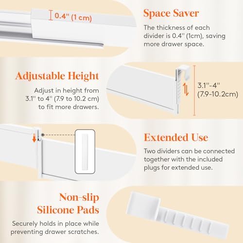 Lifewit 3.1" High 6 Pack Hanging Kitchen Drawer Dividers, 26-42cm/10-17 Adjustable Drawer Organizers for Utensils, Expan