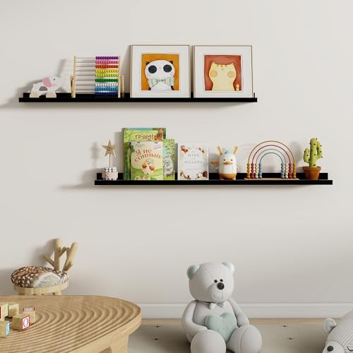 Dreamland Picture Ledge Shelf for Wall, Floating Shelves Set of 2, 48 Inch Long Floating Shelves with Lip for Living Room, Bedroom, Bathroom, Kitchen, Black