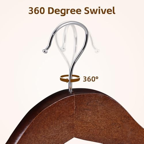 SUPER DEAL Wooden Hangers 50 Pack, Suit Hangers with Shoulder Notches 360 Swivel Chrome Hook Smooth Finish Non-Slip for Coat, Strap, Dress, Shirt, Pant, Jacket, Brown