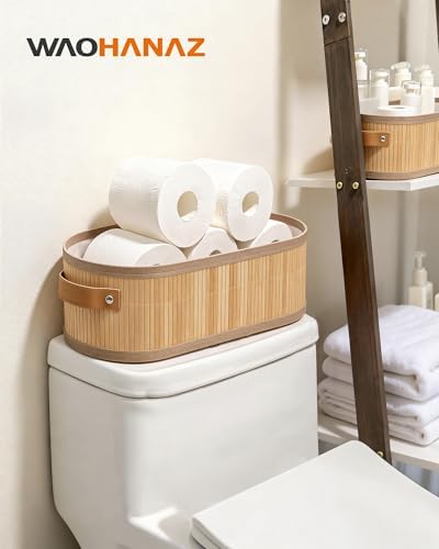 Narrow Storage Bins, Small Basket for Closet and Shelves, Bamboo Toilet Paper Storage Organizer with Handles for Counter