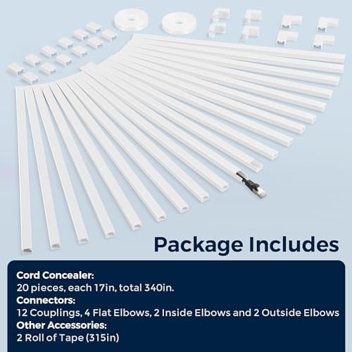 340in Cord Covers for Wires on Wall, One-Cord Wire Covers for Cords, Small White Cord Hider Wall, LZEOY Cable Raceway Wi