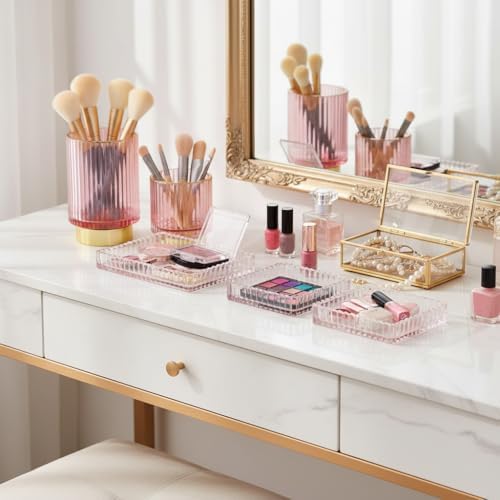 Glass Makeup Brush Holder Organizer, Gold Toothbrush Holders for Bathroom, Pink Makeup Brush Holder Cup for Vanity, Desk