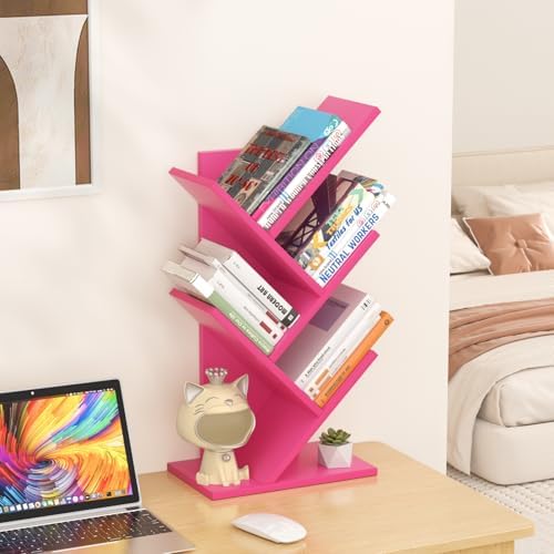 SHEEPAM Small Tree Book Shelf,5 Tier Bookshelf, Wood Desktop Bookcase
