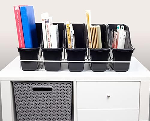 Storex Small Book Bins, Set of 5 Bins, Metal Shelf Rack Included, Black (71152U01C)