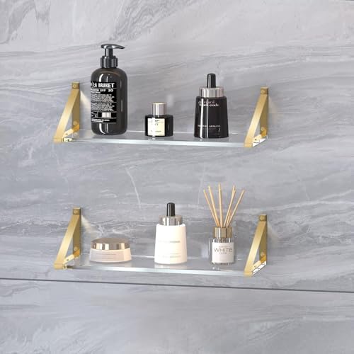 Sturdy Large 25×5.9 inch Thicker 2/5"(10mm) Crystal-Clear Acrylic Gold Shelves for Wall,Gold Floating Shelves,Clear Shel