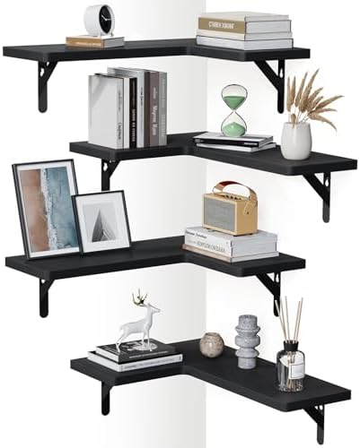 Amada Corner Floating Shelves, Paulownia Wood, Set of 4, Black