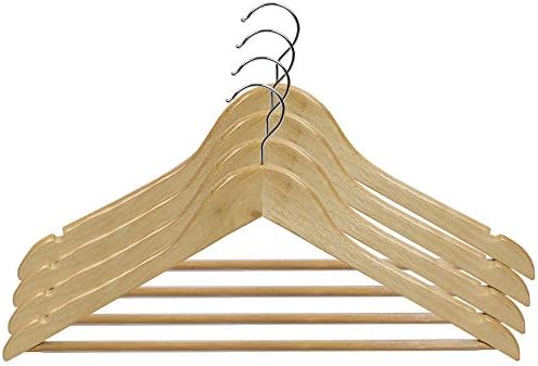 Home Basics 5 Pack Wooden Non-Slip Suit Hangers with Pants Bar – Smooth Finish Solid Wood Coat Hanger 360° Swivel Hook a