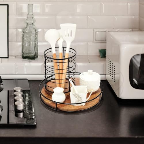 12" Acacia Wood Lazy Susan, Tomoaza Kitchen Organizer Turntable with Steel Sides, 360 Degree Turntable for Countertop Ca