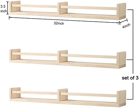 Austin yan Nursery Bookshelves Wall Mounted，32inch，Set of 3, Wood Floating Wall Bookshelf for Kids,Natural Wood Color,Ha