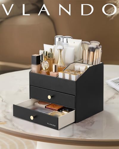 VLANDO 3-Layer Makeup Organizer with 2 Large Drawers for Vanity,Black