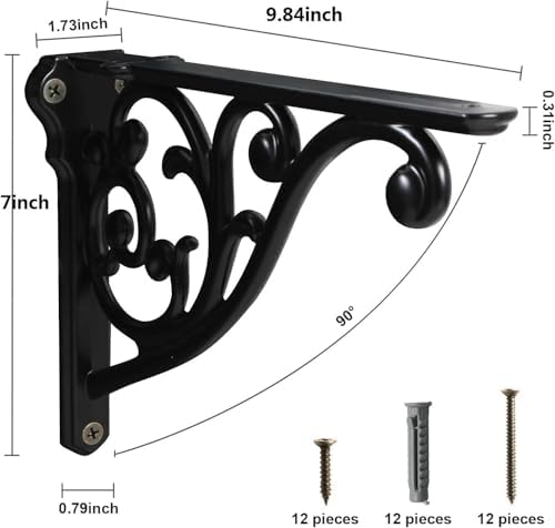 Khtumeware 2 Pack Matte Black Shelf Bracket 10 Inch, Decorative Brackets for Shelving, Heavy Duty Vintage Ornate Shelf B