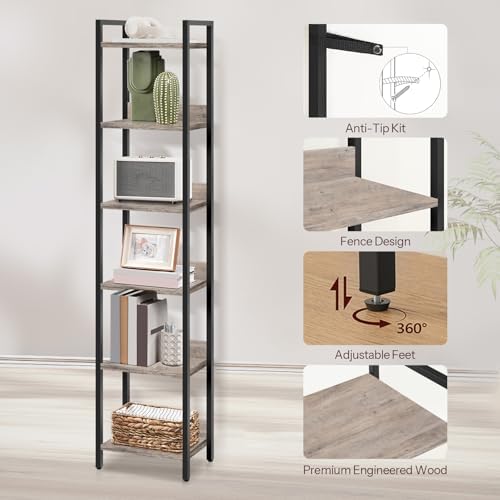 MAHANCRIS Bookshelf, 6-Tier Bookcase, Standing Book Shelf for Small Space, Storage Shelf Organizer, for Living Room, Bed