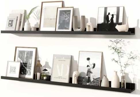Fun Memories Picture Ledge Shelves Set of 2, 48 Inch Rustic Wall Mounted Floating Shelves with Lip for Home Storage and 