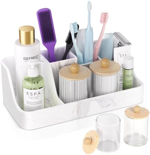 Marble Bathroom Countertop Organizer - Silicone Bathroom Vanity Countertop Organizer - Tooth Brush Organizer With 2PCS Q