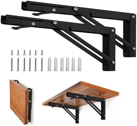 Storystore Folding Shelf Brackets, 16 Inch 2 Pcs Black Stainless Steel