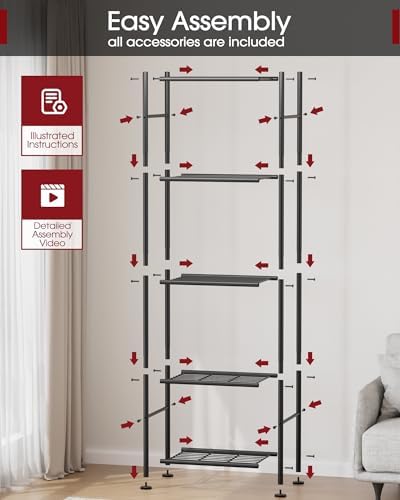 Sakugi 5-Tier Metal Storage Shelves Adjustable Feet, 18"x12"x57", Black
