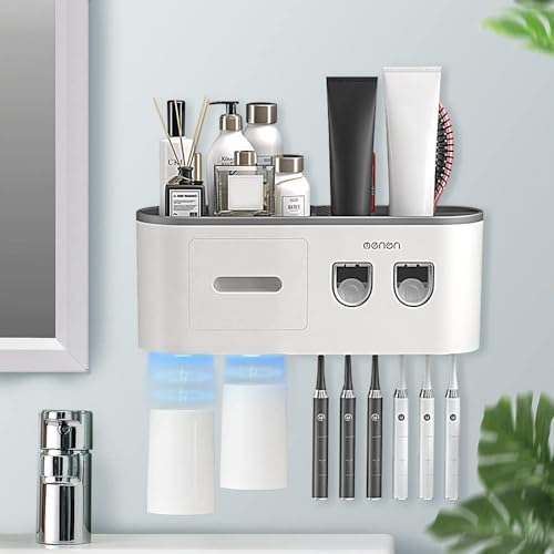 Toothbrush Holders for Bathrooms Wall Mounted, 6 Slot Toothbrush Holder with 2 Automatic Toothpaste Dispensers, 2 Magnet