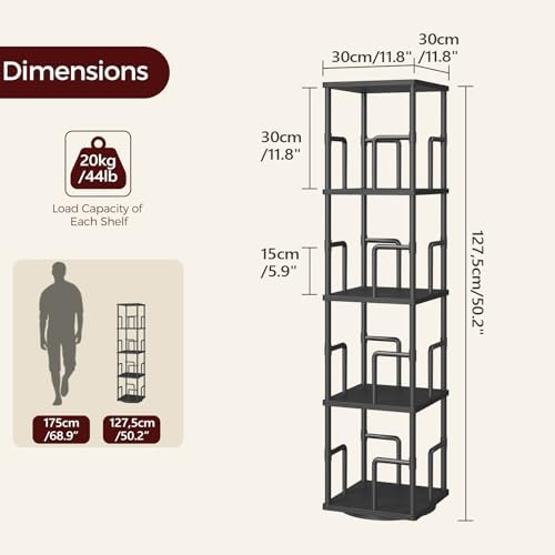 MAHANCRIS 4-Tier Rotating Bookshelf, Freestanding Corner Bookshelf, 360° Spinning Bookcase, Industrial Style Storage Rac