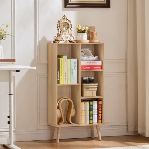 LEYAOYAO 5 Cube Bookshelf,Mid-Century Modern Bookcase with Legs,Light Wood