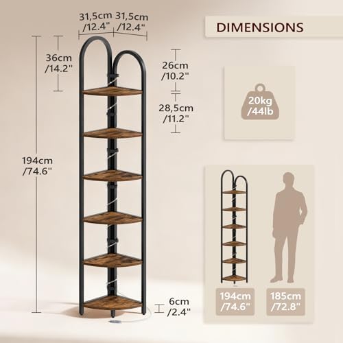 MAHANCRIS 6 Tier Corner Shelf with LED Light, 74.6'' Tall Corner Bookshelf Stand, Narrow Display Bookcase with Storage R