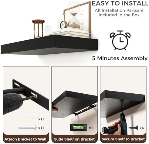 55 Inch Floating Shelves for Wall, 6.5"D Wood Storage Shelves, Black Finish