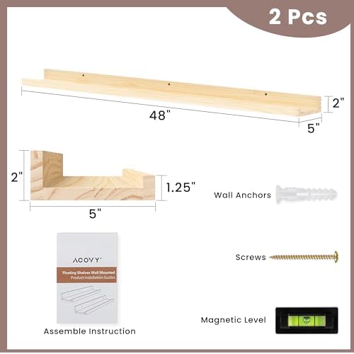 Long Floating Shelves for Wall, 48 inch Solid Wood Picture Ledge Shelf, Picture Shelf for Wall with Ledge, Floating Book Shelves for living room Bedroom Nursery Decor, Natural Unfinished, Set of 2