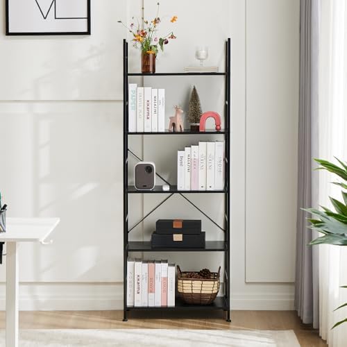 Book Shelf, 5-Tier Tall Bookcase, Bookshelf with Steel Frame, Modern Industrial Display Shelves, Corner Storage Organize