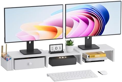 Dual Monitor Stand Riser, Adjustable Length & Swivel Angle Monitor Stand, Ergonomic Monitor Stand with Drawer & Side Poc