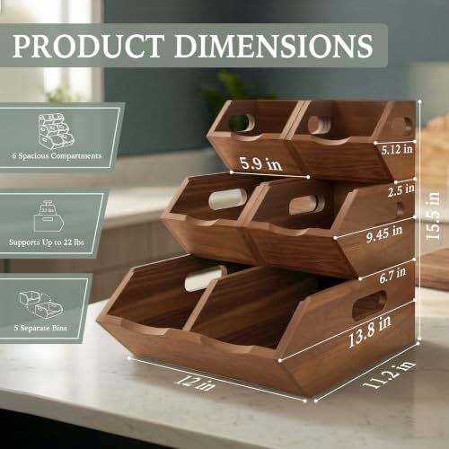 Stackable Storage Bins, 3 Tier Solid Acacia Wood Snack Produce Organizer