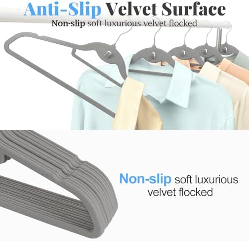 Velvet Felt Stackable Hangers 50 Pack, Thin & Space Saving, Gray