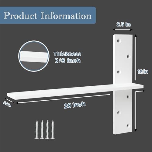 Free Hanging Countertop Support Bracket 20" Lx2.5 W 3 Pack White Heavy Duty Hidden Floating Wall Shelf Bracket 3/8" Thic