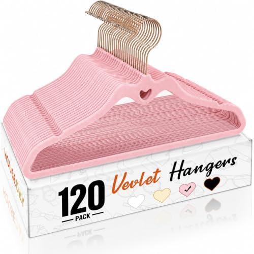 HOUSE DAY Pink Velvet Hangers 120 Pack, Non Slip Felt Hangers Heart-Shaped