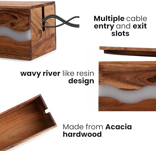 Acacia Wood & Epoxy Cable Management Box, 16X 6 X 5.5 Cable Hider Box, Cable Organizer Box Ideal for Under Desk Cable Ma